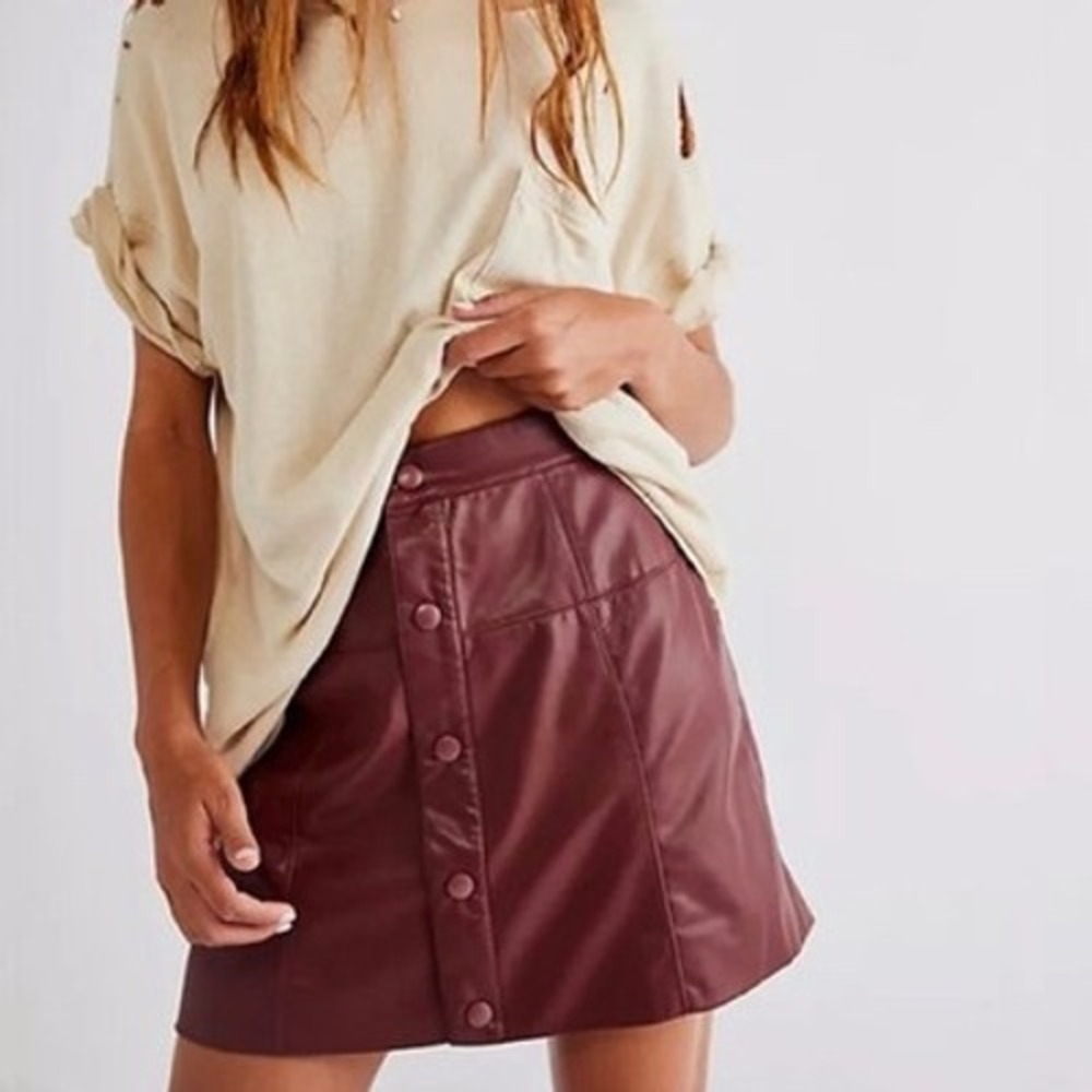 Free People Modern Femme Vegan Leather Mini Skirt Burgundy Wine Button Front 0